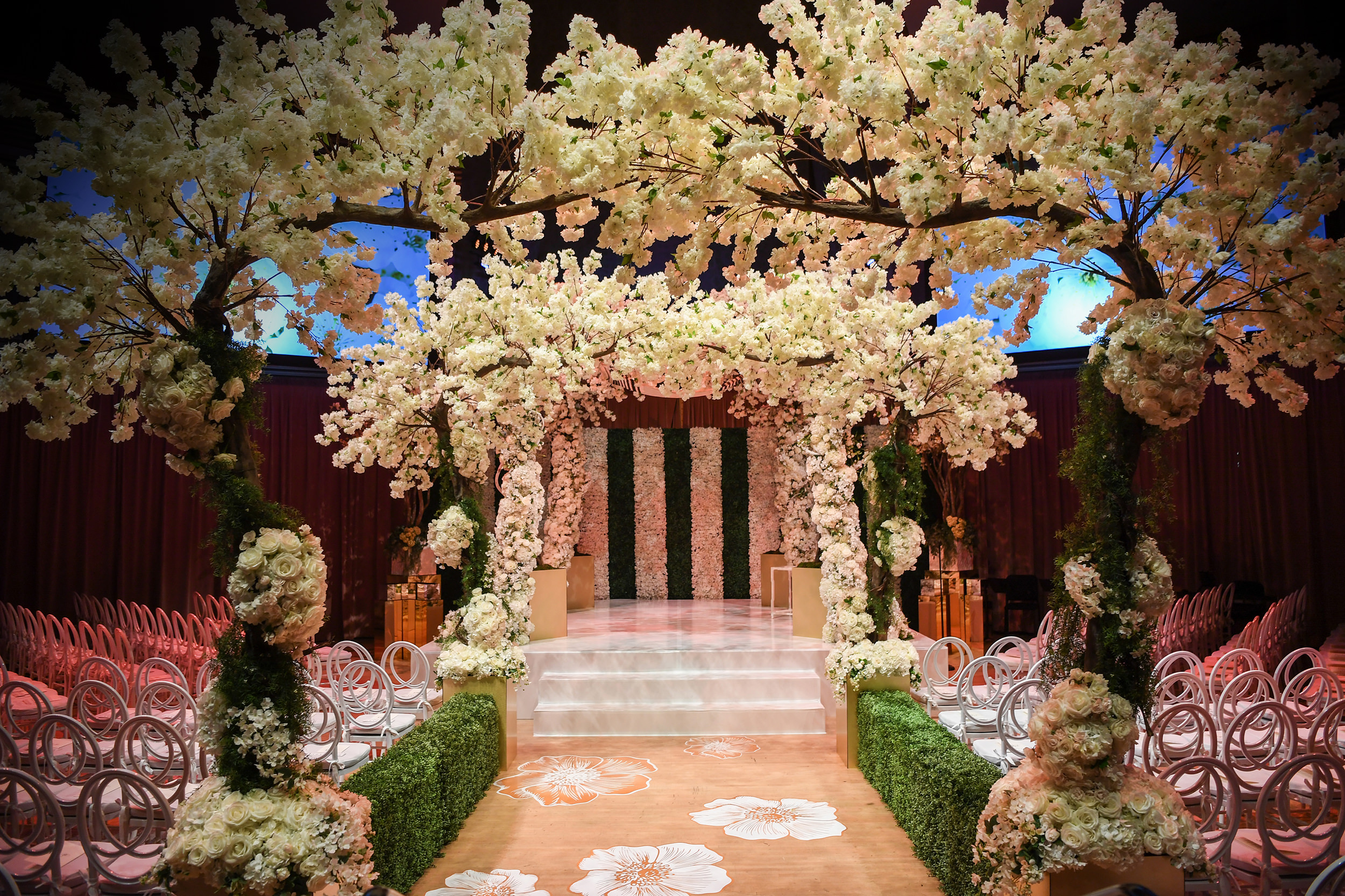 Luxury floral tunnel setup for wedding event in Dubai